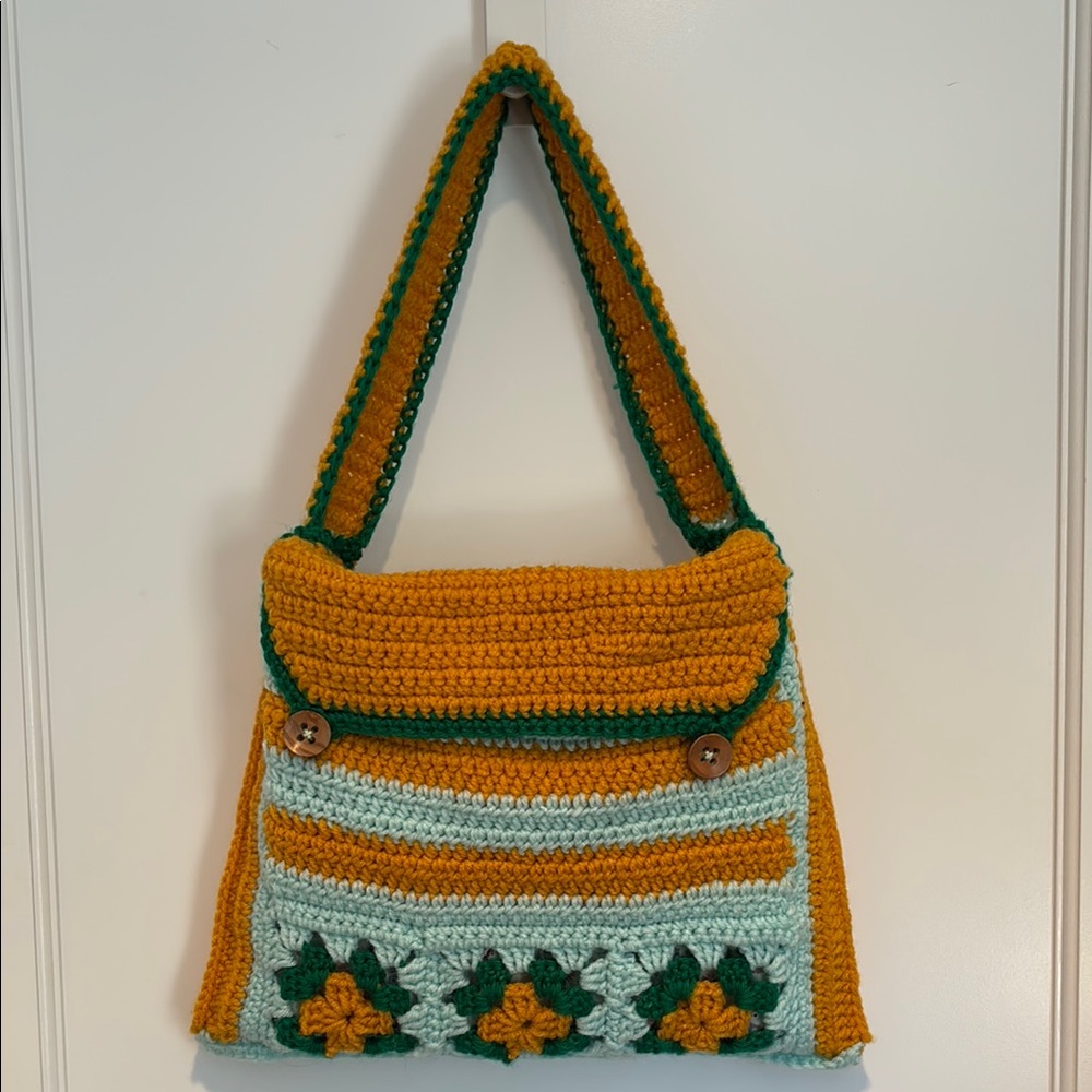 Handmade crocheted granny squares lined floral & stripes shoulder bag
